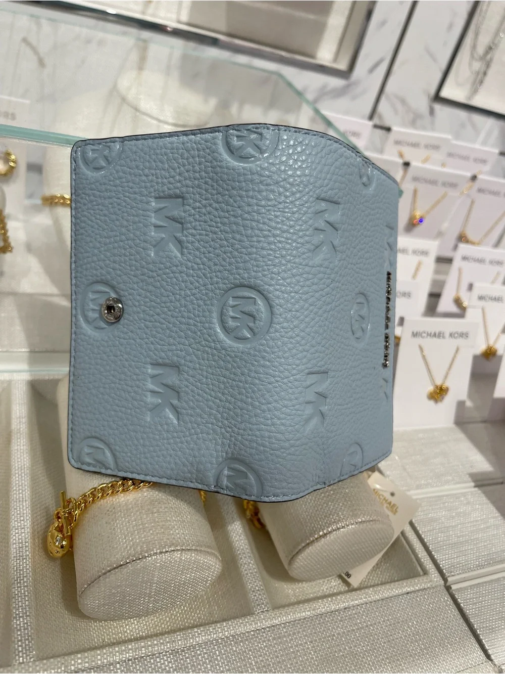 Michael Kors Jet Set Travel Medium Logo Debossed Billfold Wallet Pale Ocean  NWT